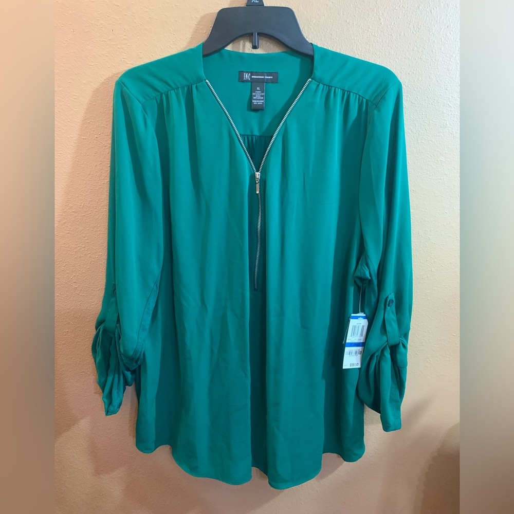 INC Green Zip Front Blouse XL